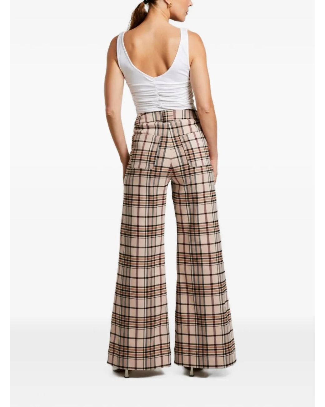 LIZ SKORSIS Natural Check Maddix Wide-Leg Trousers