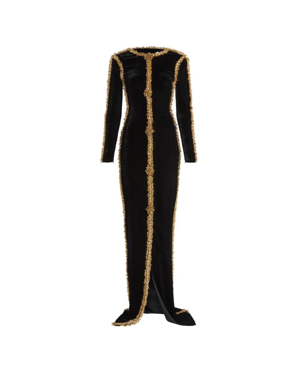 Balmain Black Long Velvet Dress With Embroidered Trim