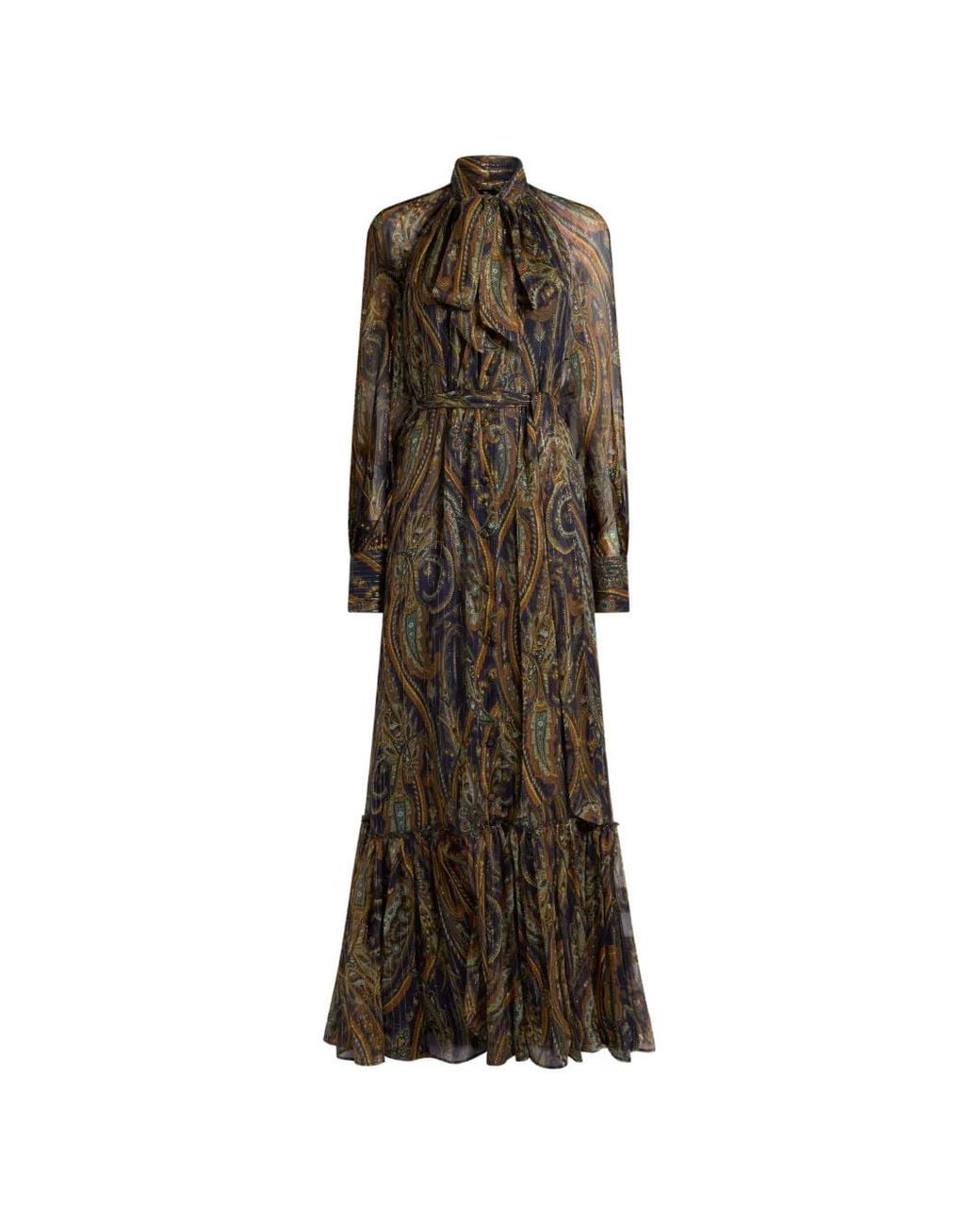 Etro Natural Long Silk Dress With Bow And Paisley Motif