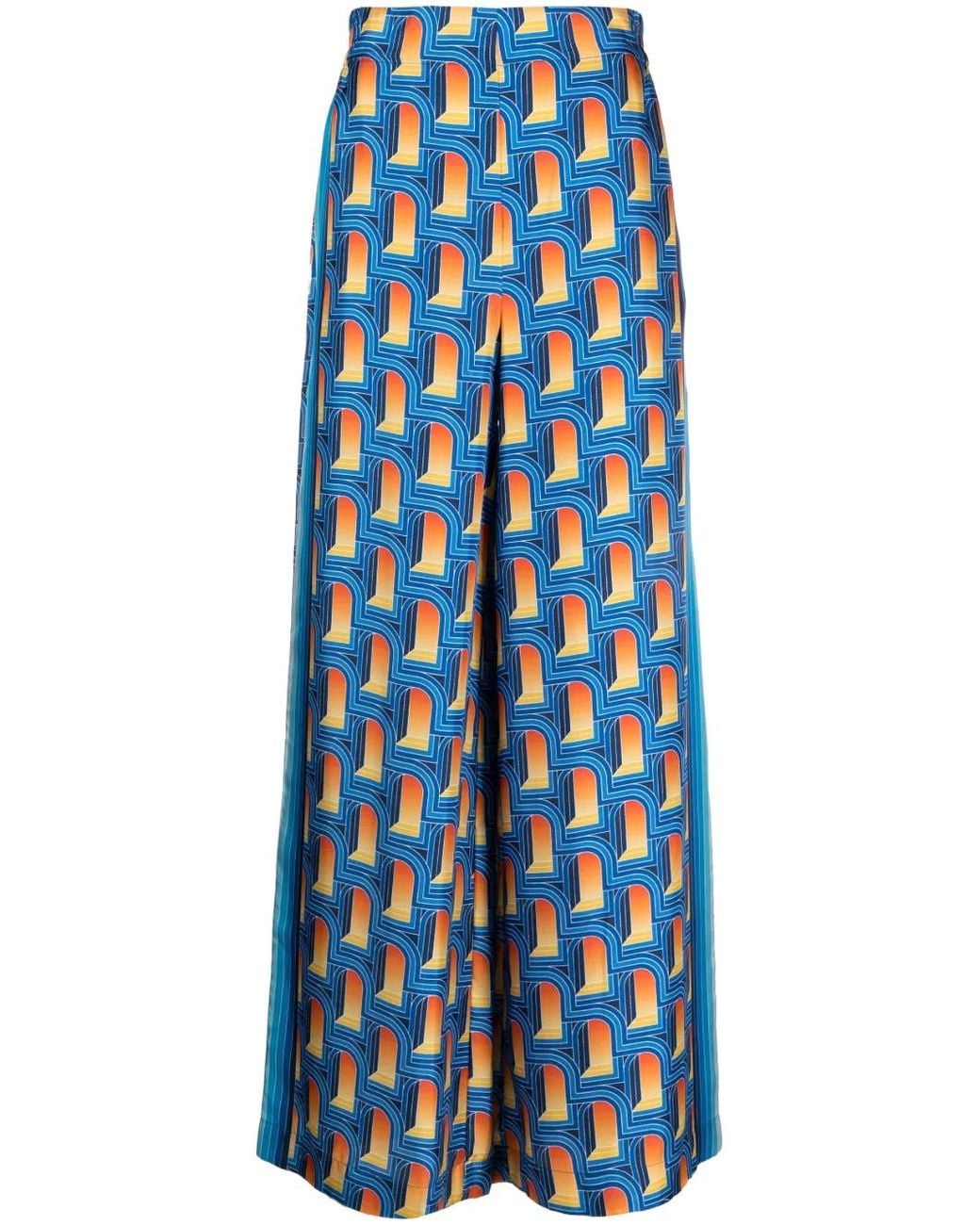 Casablanca Blue L'Arche De Nuit-Print Silk Palazzo Trousers