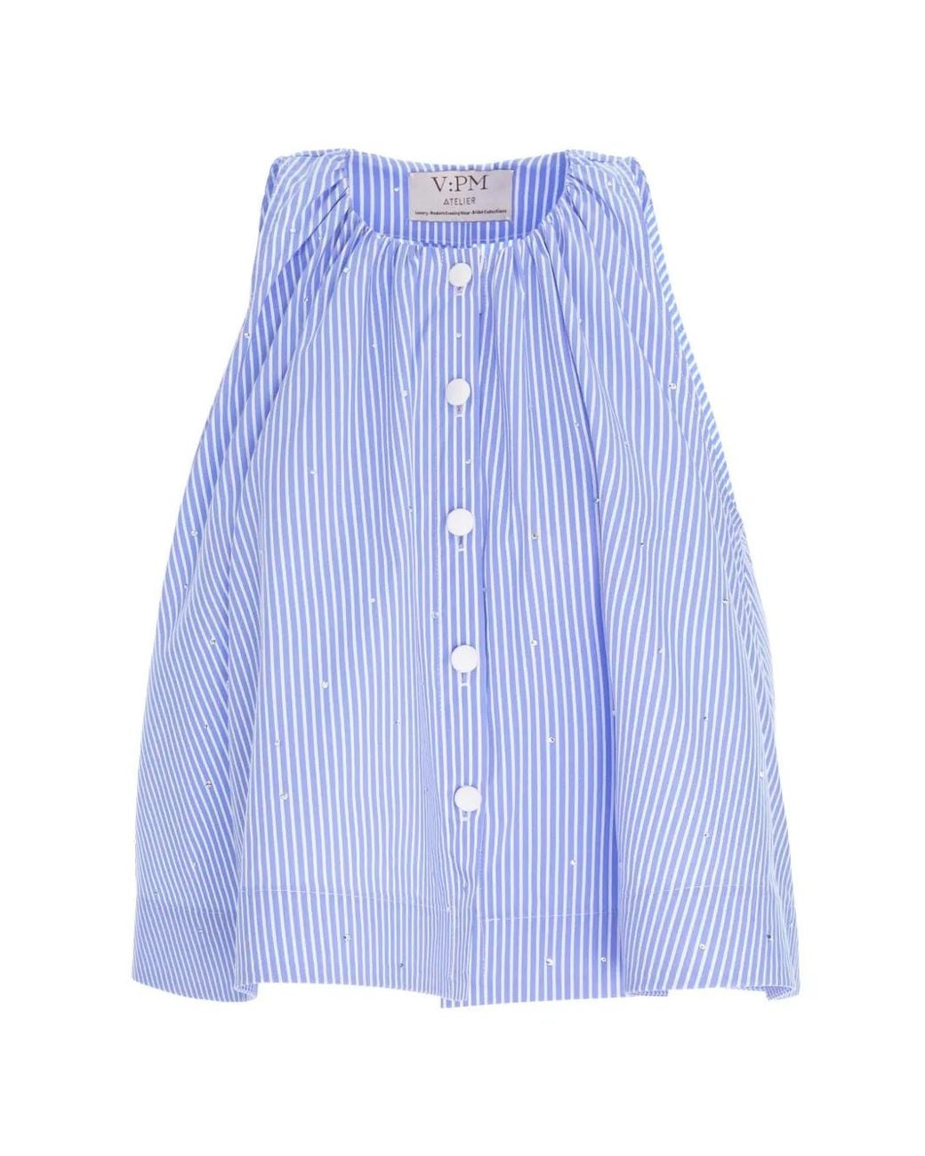 V:PM ATELIER Blue Claudia Striped Crystal-Embellished Top