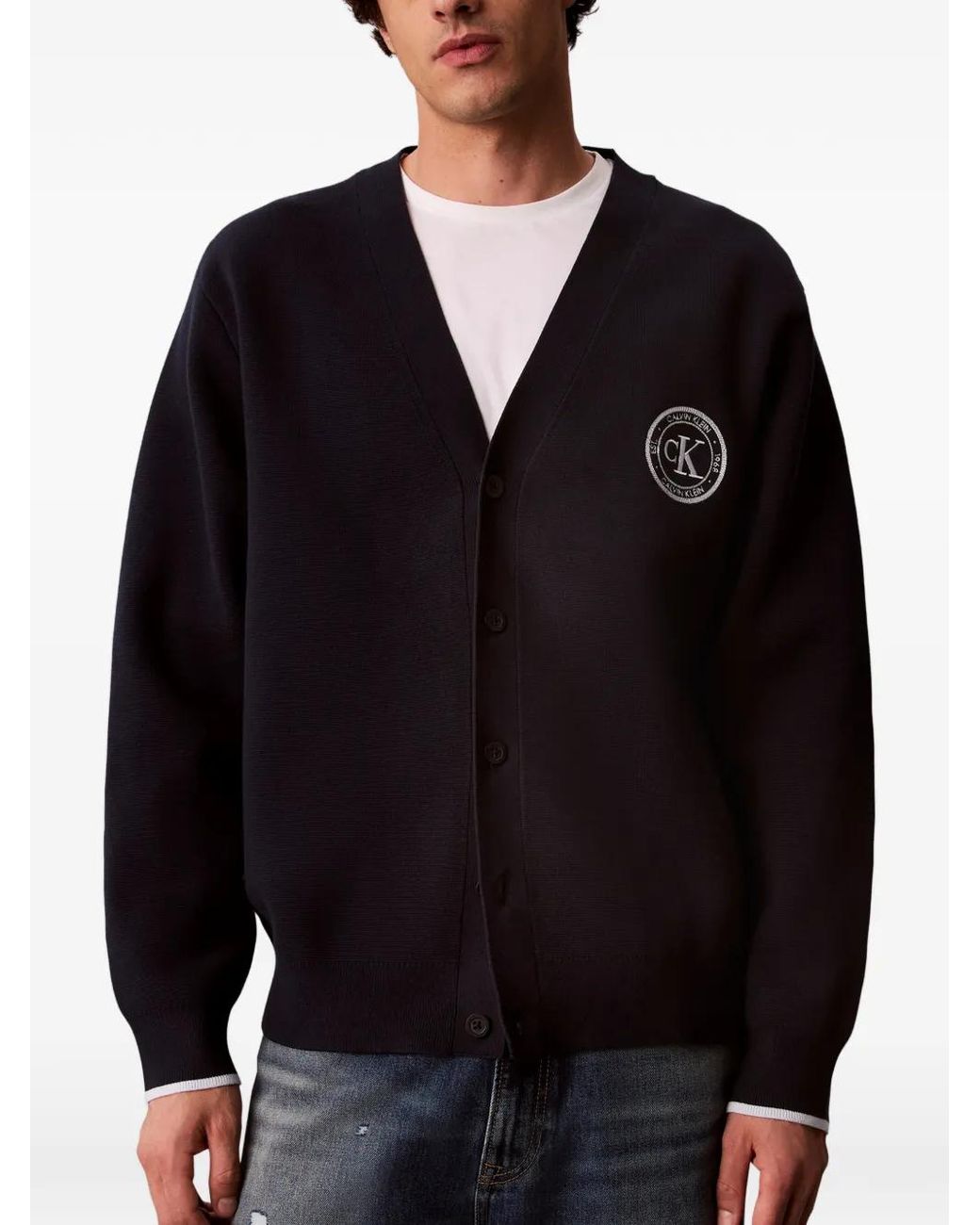 Calvin Klein Blue Logo-Patch V-Neck Cardigan for men