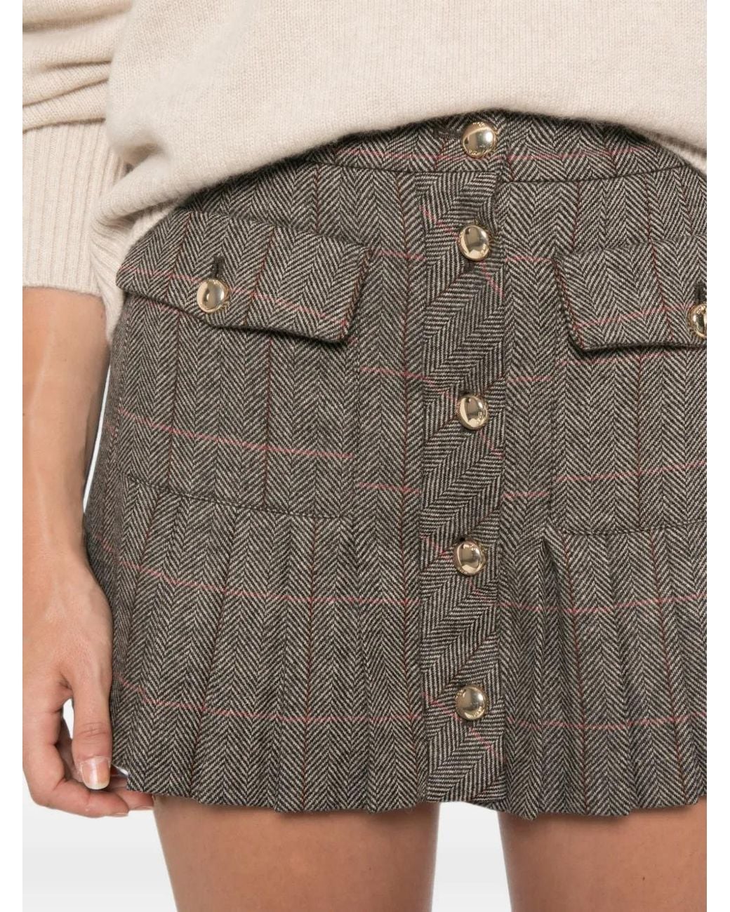 Maje Gray Check-Pattern Mini Pleated Skirt