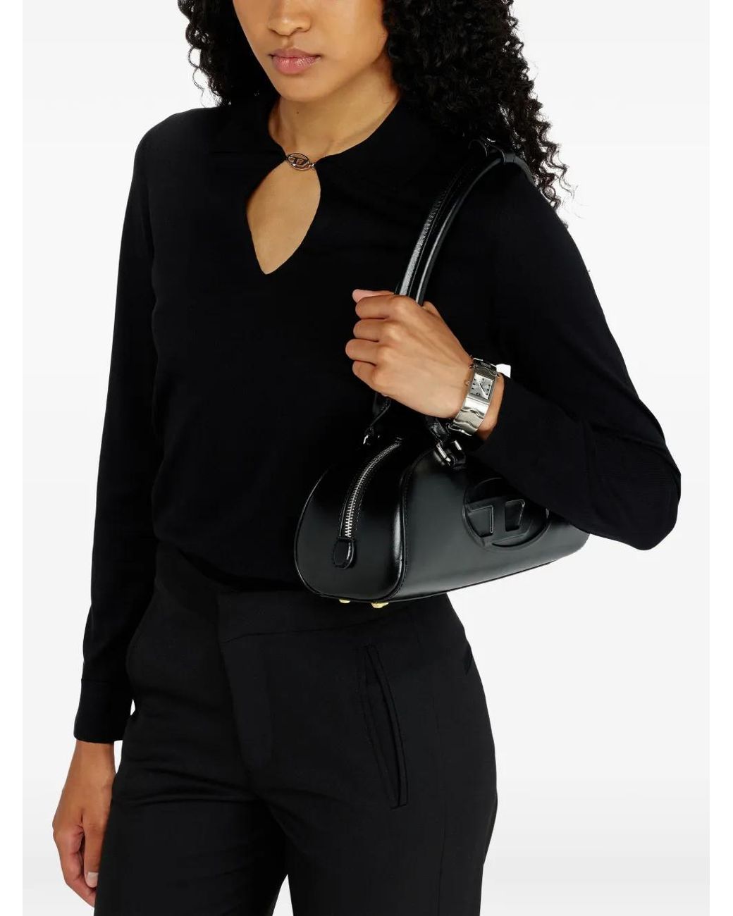 DIESEL Black Silk-Blend Polo Sweater With Oval D Plaque