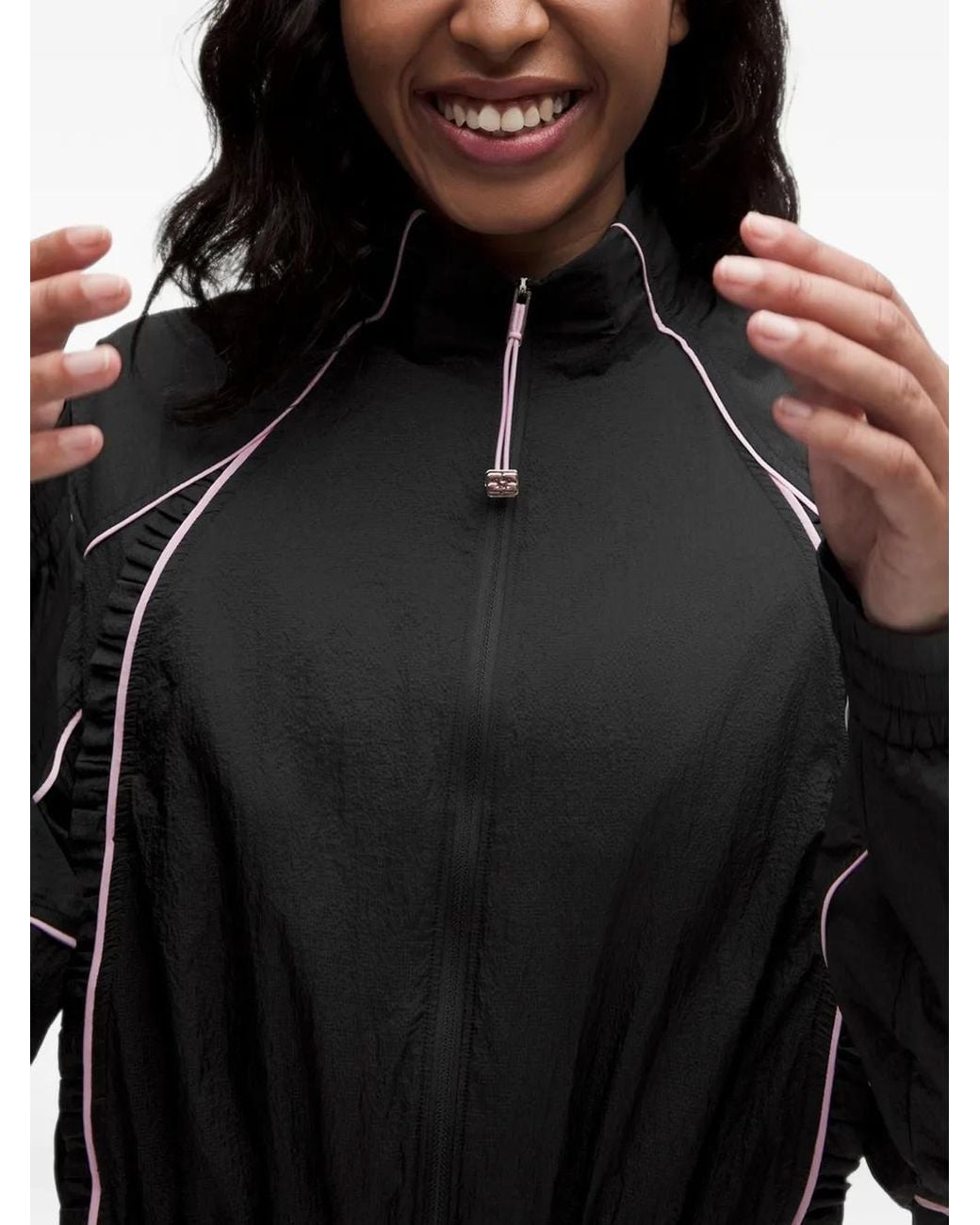 Ganni Black Ruffled Piped Performance Track Jacket