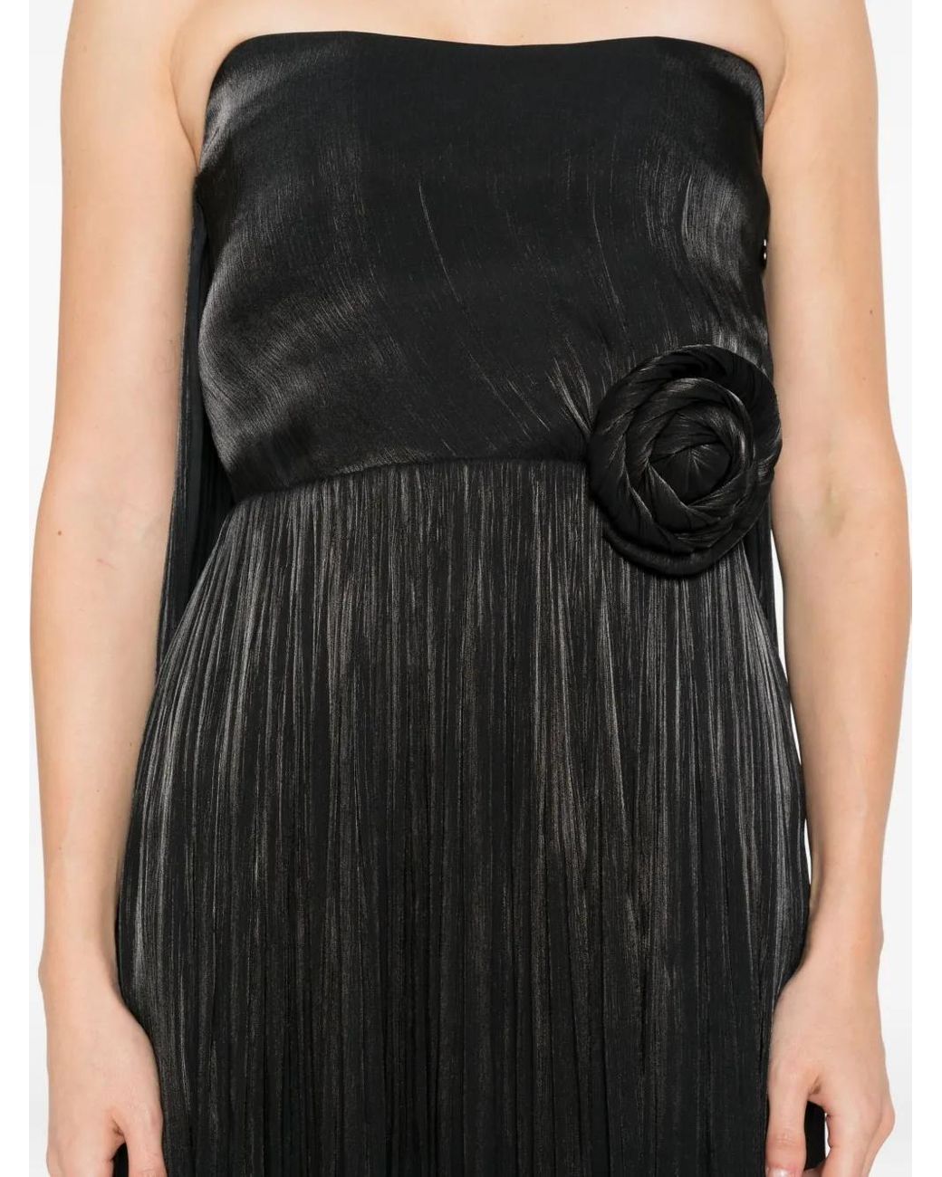 Nissa Black Pleated Rose-Embellished Maxi Dress