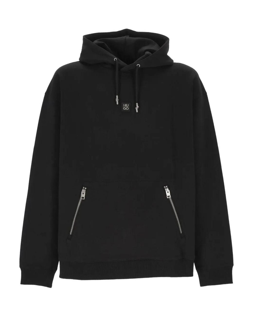 HUGO Black Logo-Plaque Zip-Pocket Hoodie for men
