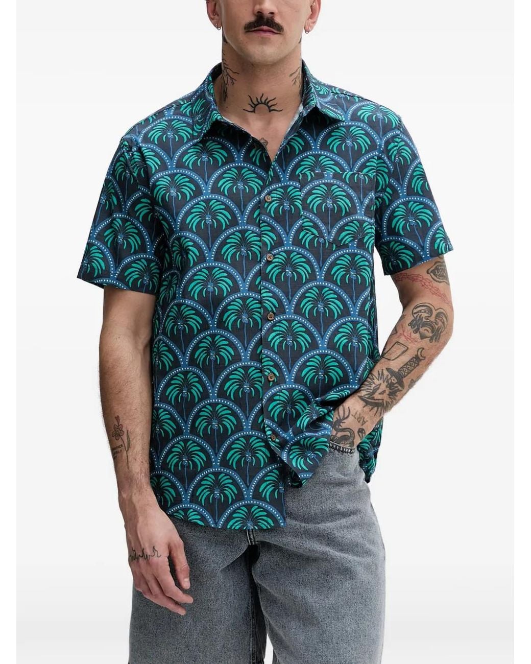 Hurley Blue Palm-Print Short-Sleeve Shirt for men