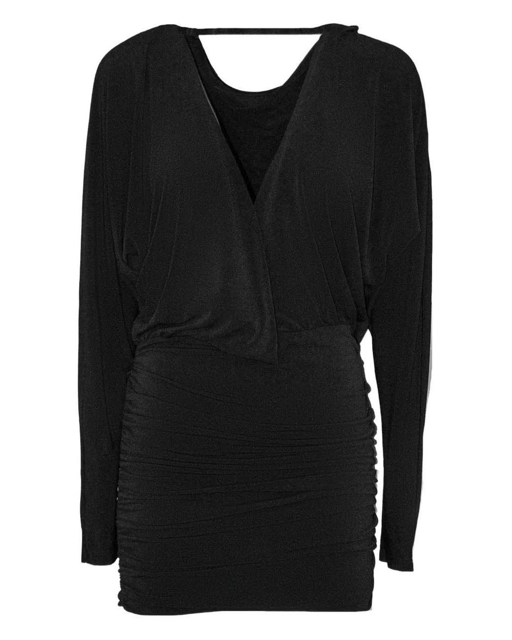 ANDAMANE Black Draped V-Neck Mini Dress