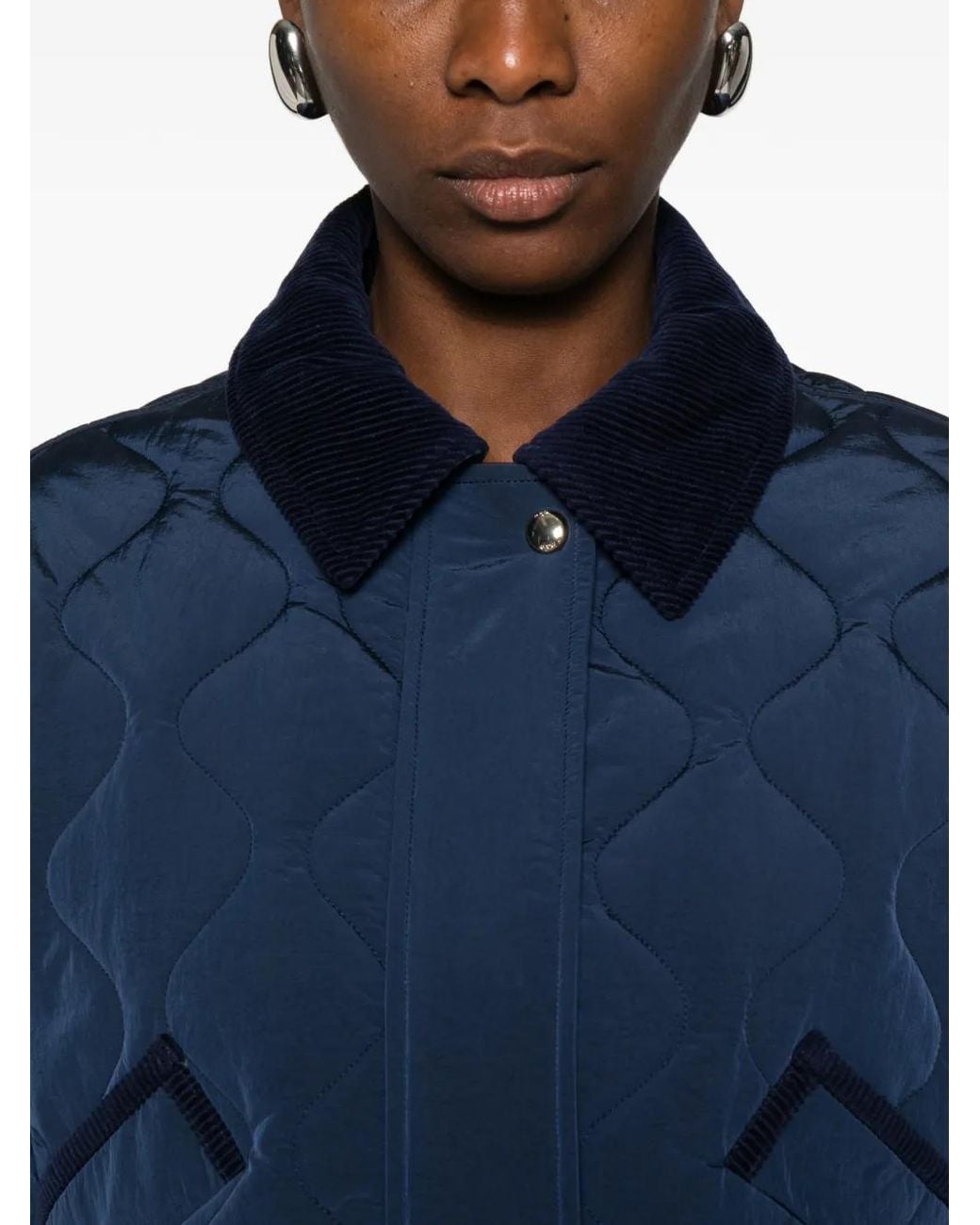 Maje Blue Quilted Jacket With Velvet Details