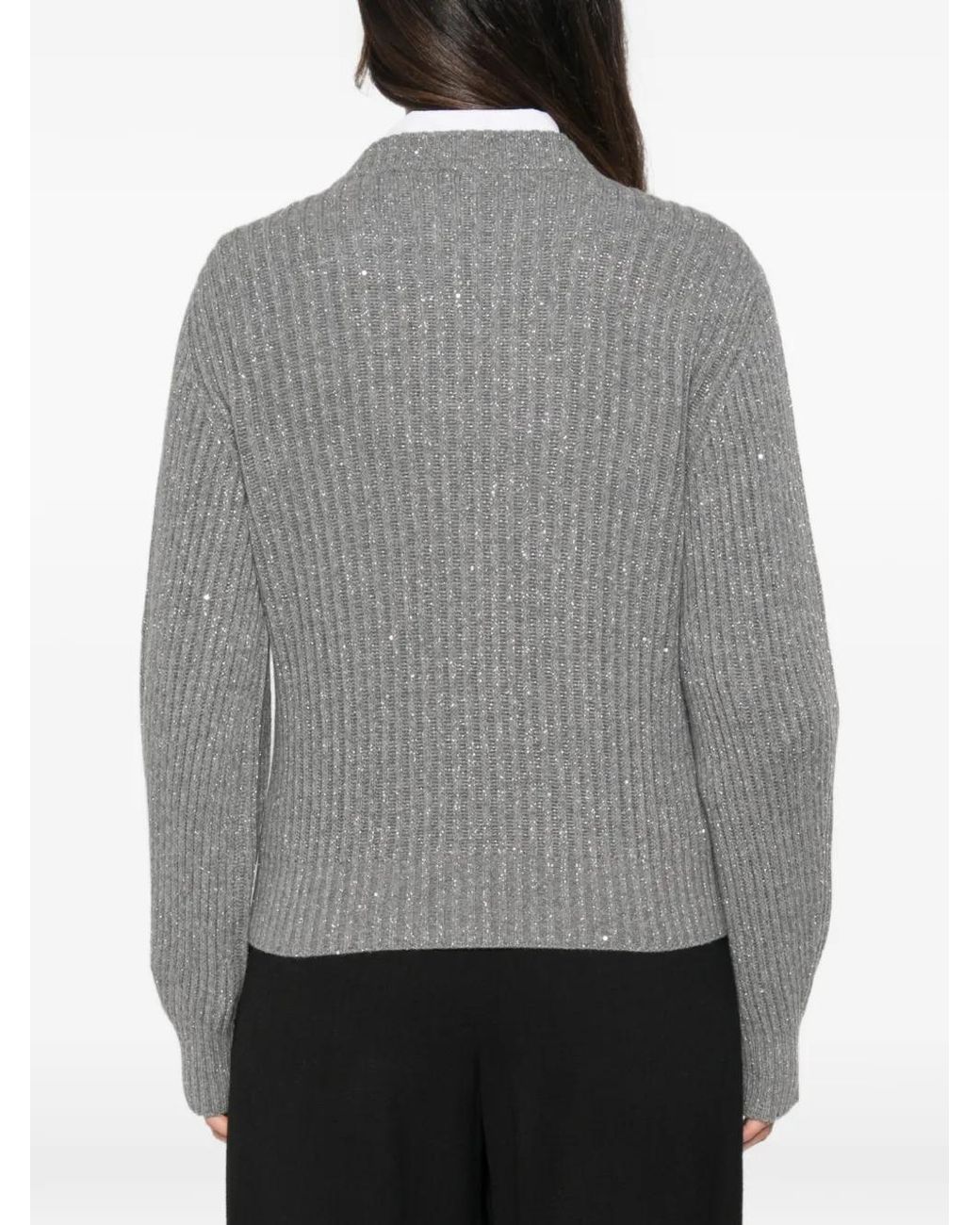 Brunello Cucinelli Gray Sequin-Embellished Ribbed-Knit