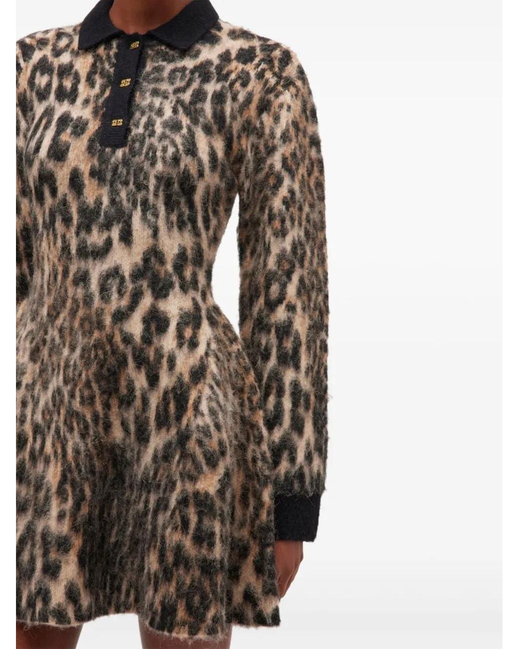 Ganni Natural Leopard-Print Button Mini Dress