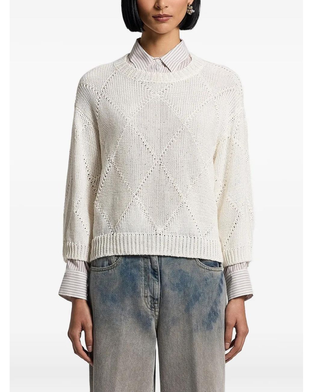 Peserico White Sequinned Diamond-Knit Crew-Neck Sweater