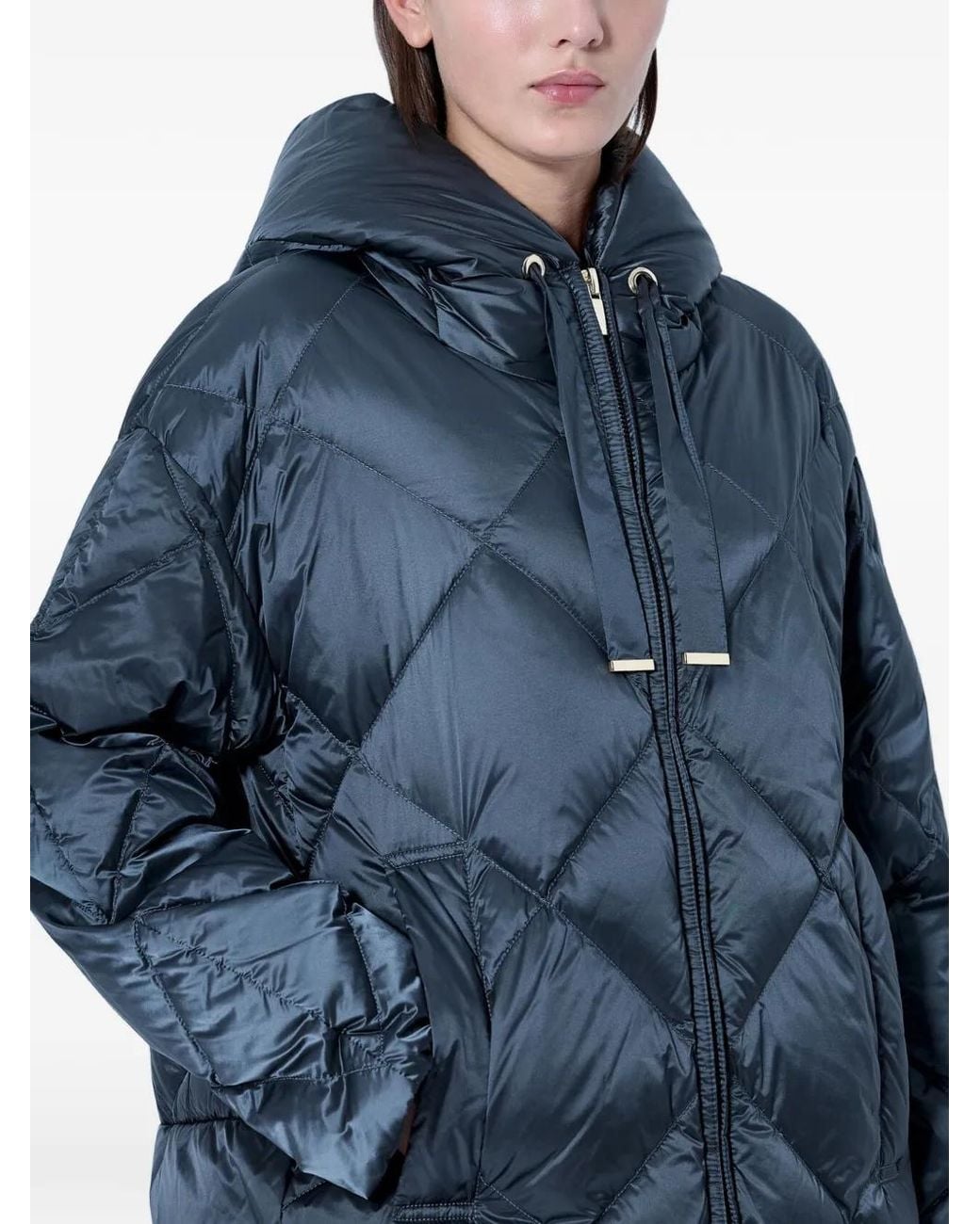 Max Mara Blue Quilted Hooded Coat