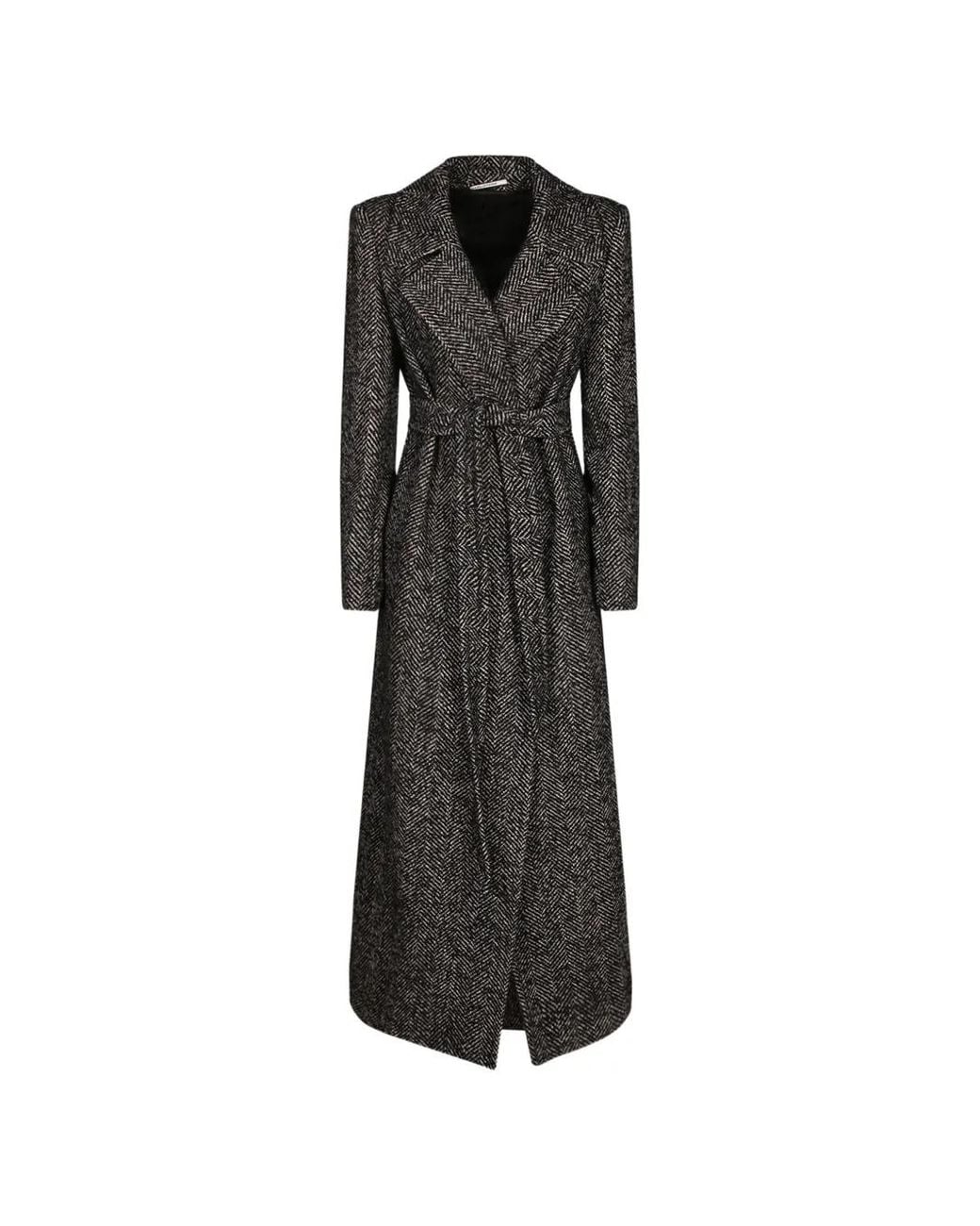 Tagliatore Black Herringbone-Pattern Belted Coat