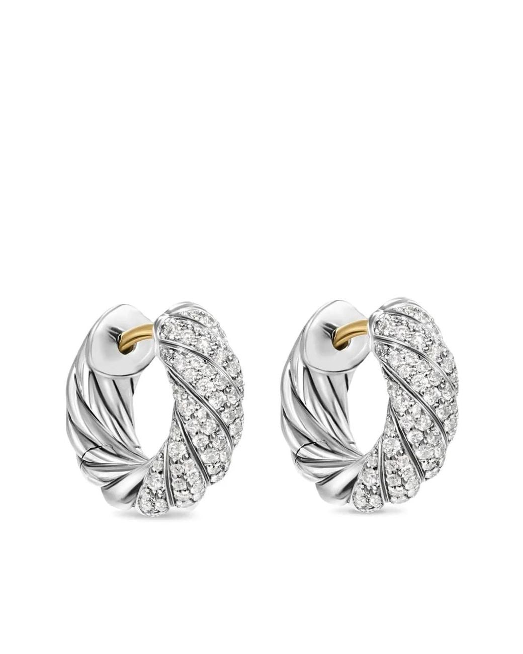 David Yurman White Sterling Sculpted Cable Diamond Hoop Earrings (14.4Mm)