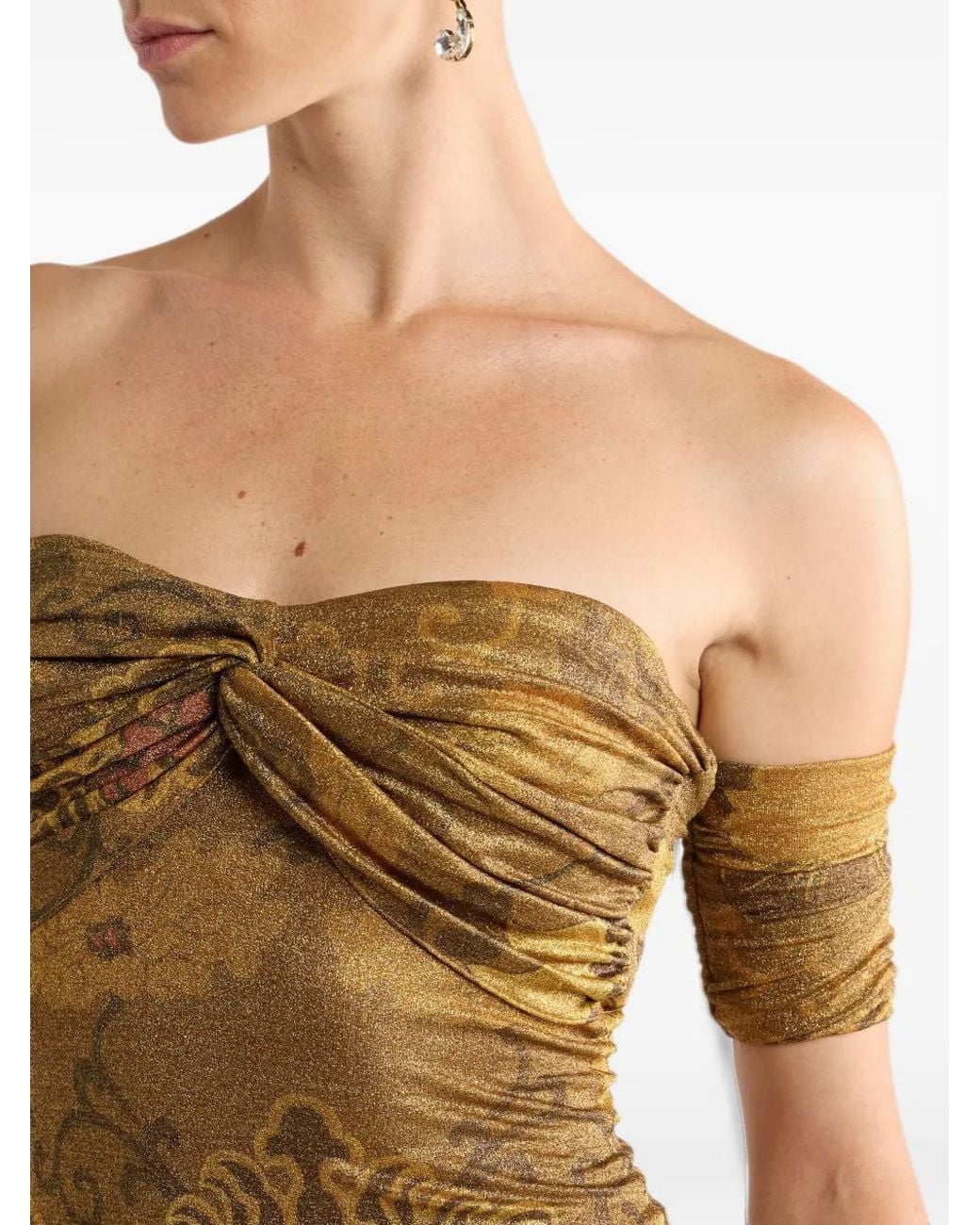 Etro Natural Long Metallic Jersey Dress With Open Shoulders And Floral Motif
