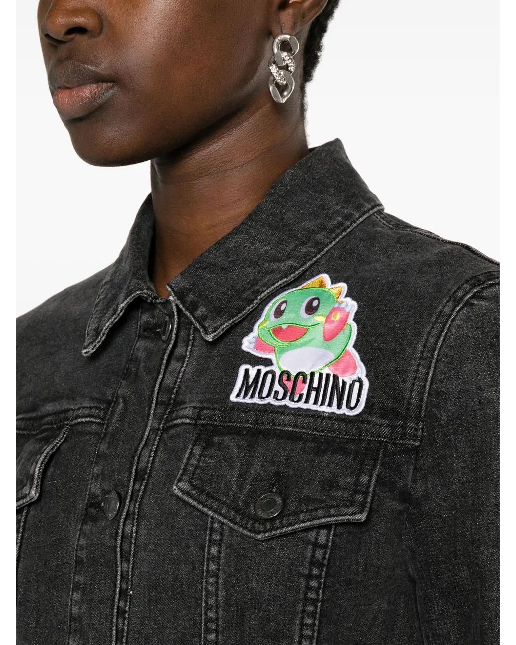 Moschino Black Cartoon-Appliqué Cropped Denim Jacket