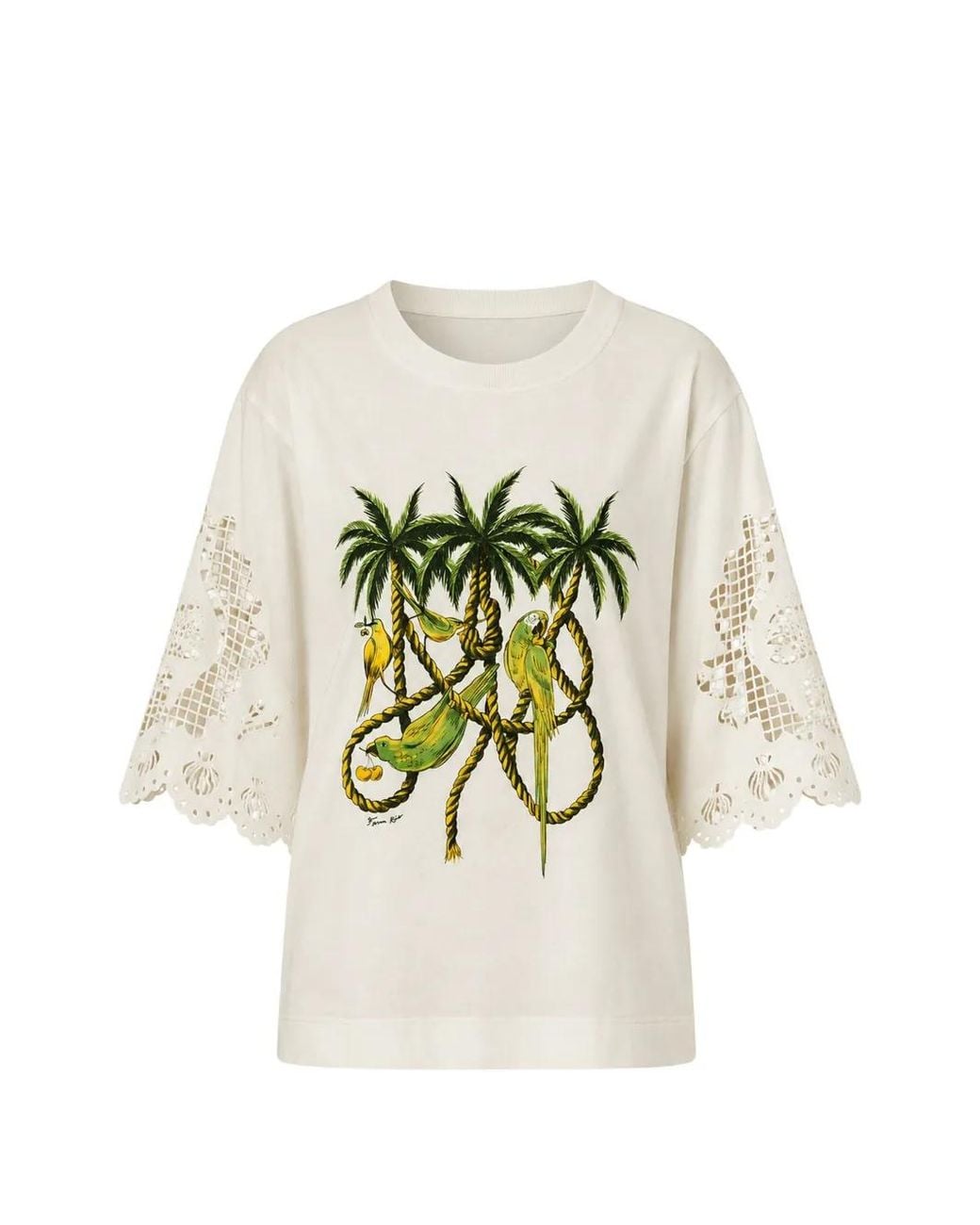 Farm Rio White Ropes And Birds Richelieu Embroidered T-Shirt