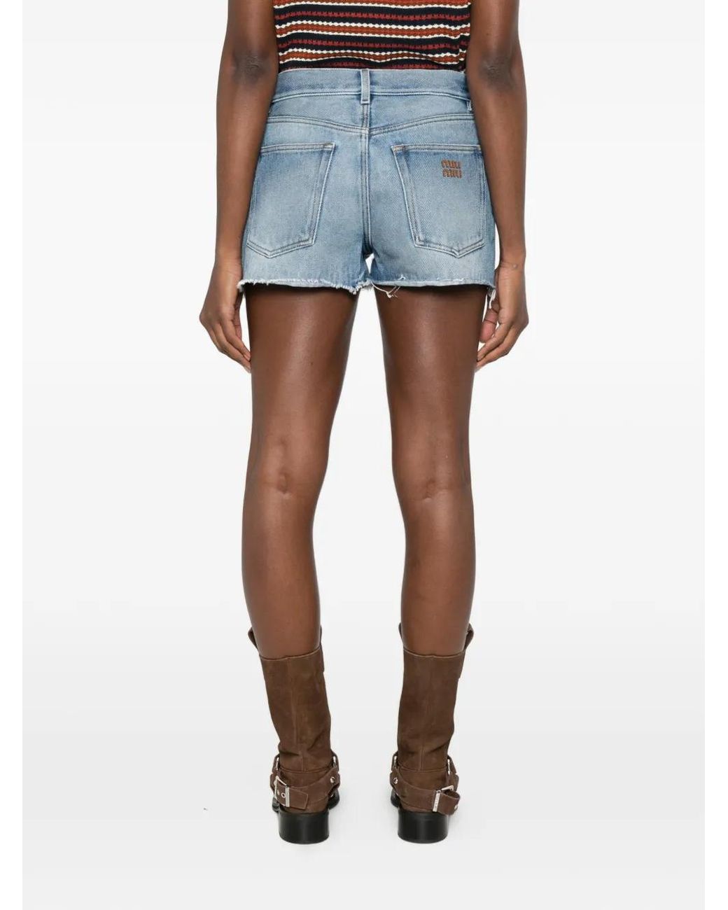 Miu Miu Blue Short En Jean À Bords Francs