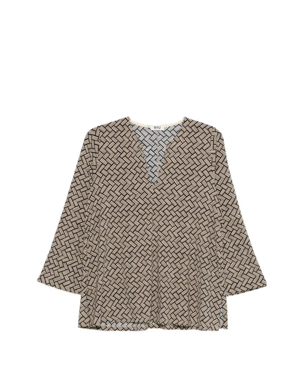 Siyu Brown Geometric-Pattern V-Neck Blouse