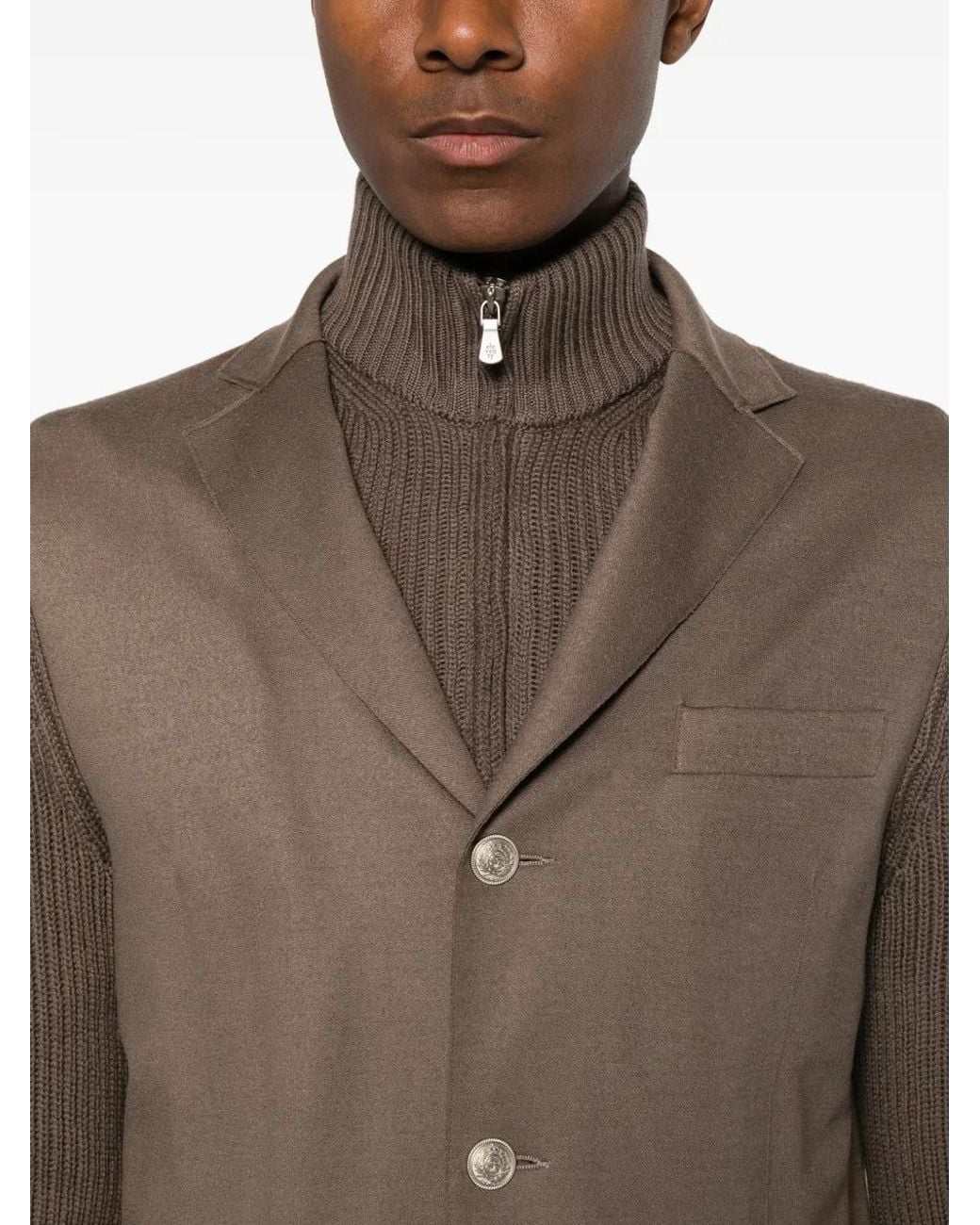Eleventy Brown Ribbed-Knit Sleeve Layered-Style Jacket for men