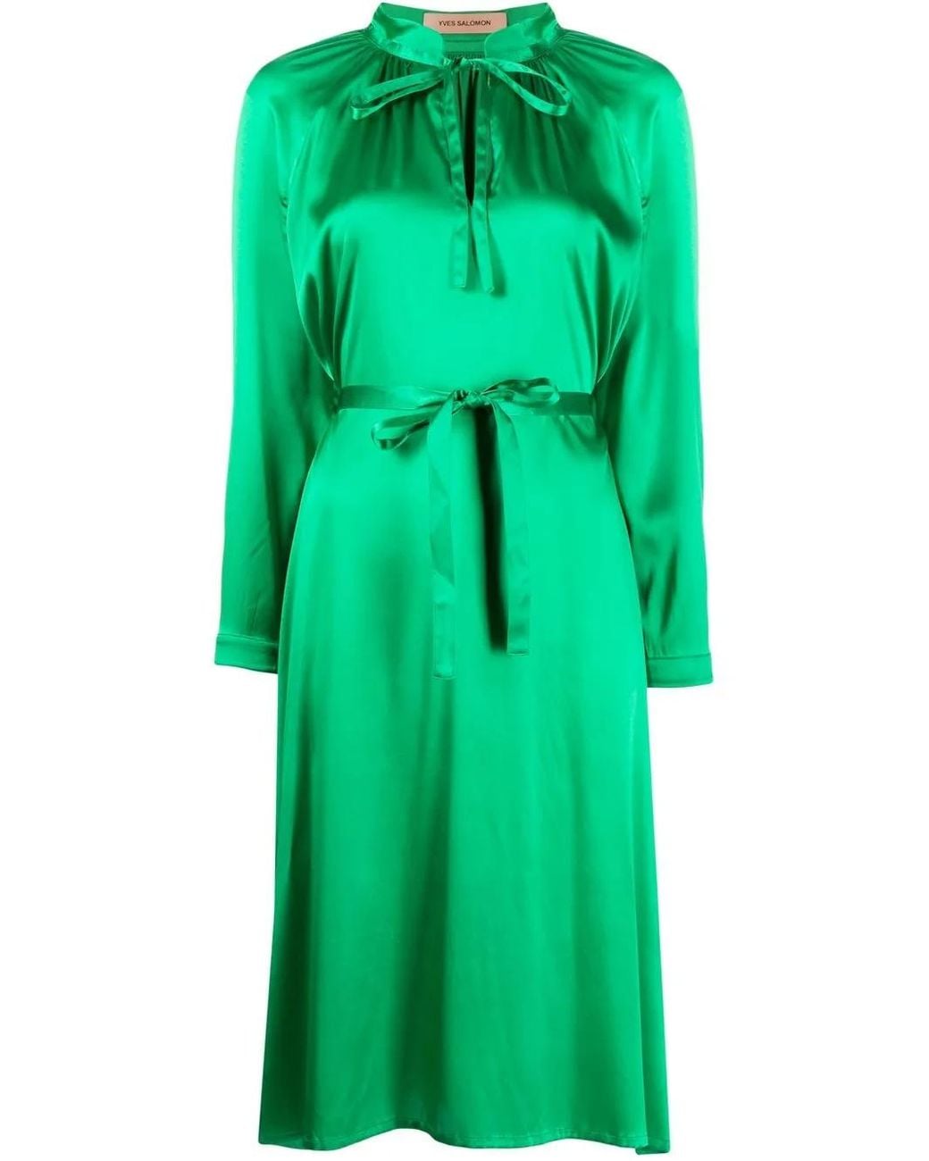 Yves Salomon Green Satin-Finish Tied-Waist Dress