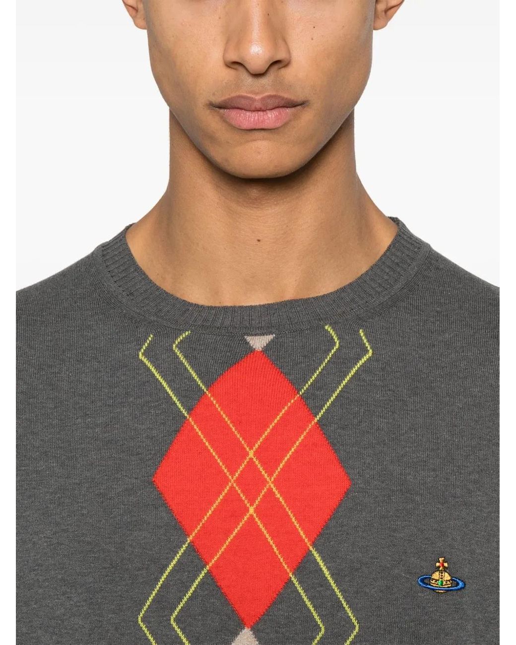 Vivienne Westwood Gray Argyle-Pattern Round-Neck Sweater for men
