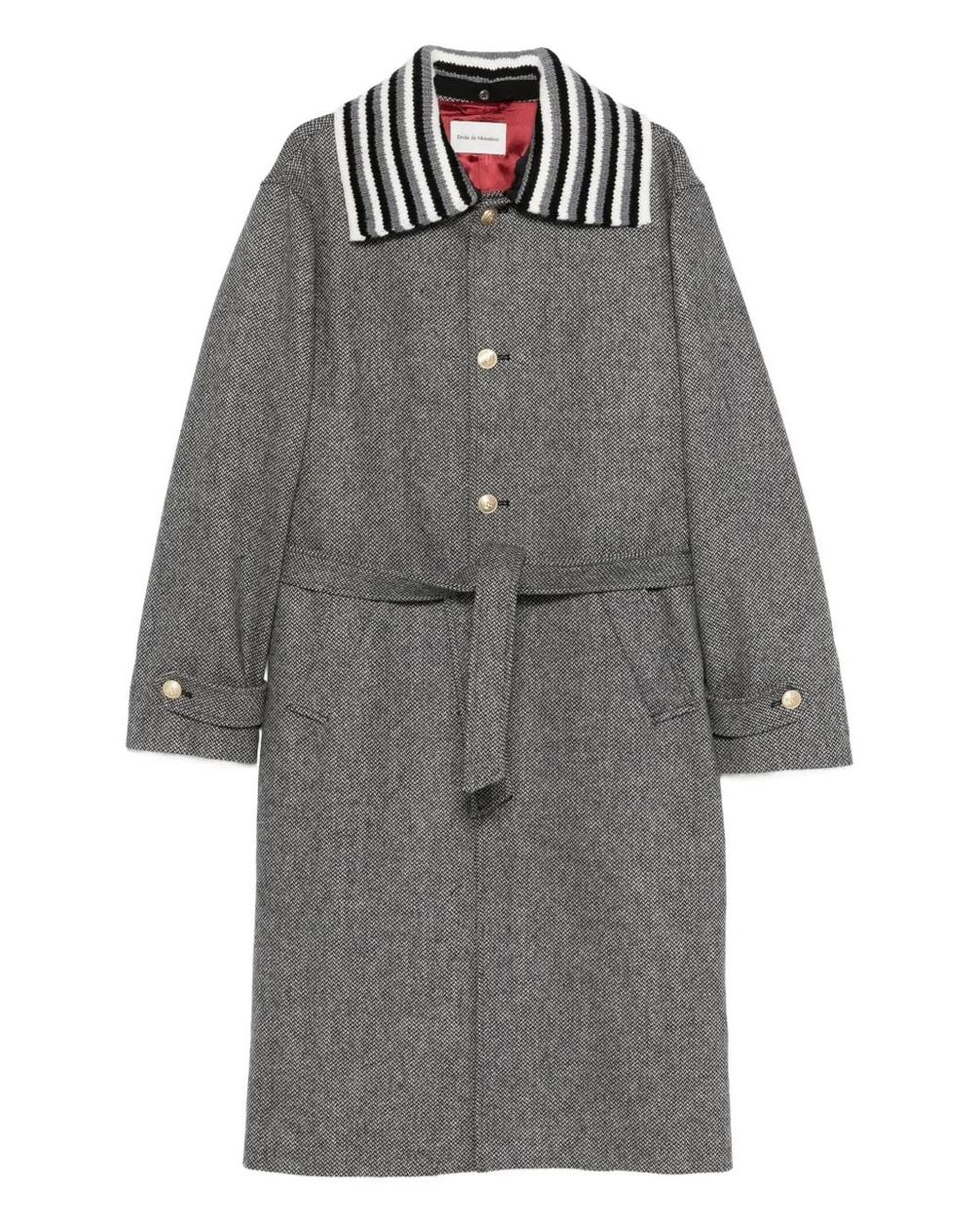 Drole de Monsieur Gray Striped-Collar Belted Coat for men