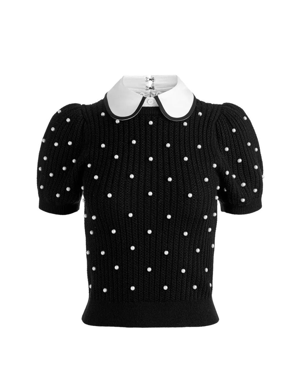 Alice + Olivia Black Chase Pearl-Embellished Peter Pan Collar Sweater
