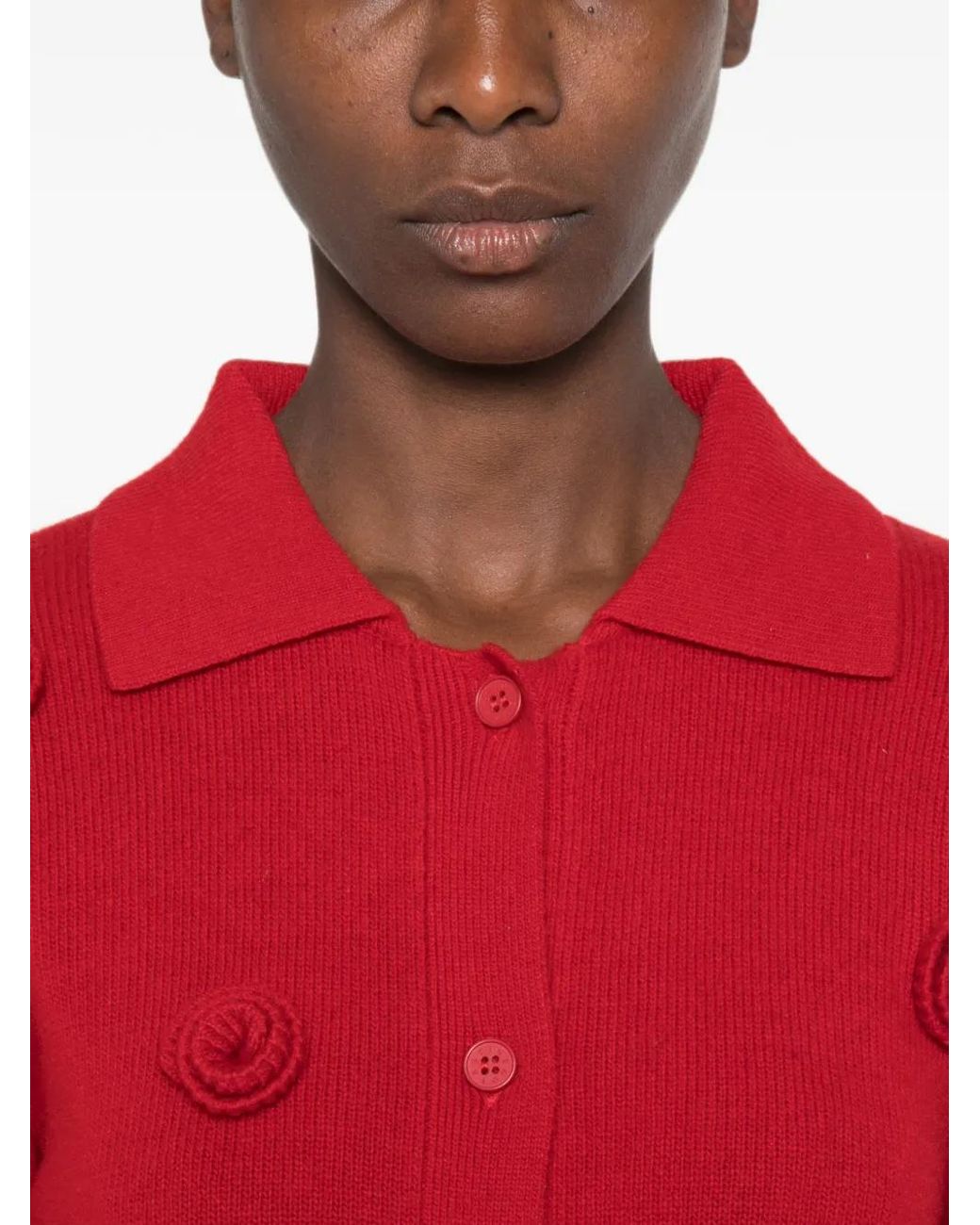 Stine Goya Red Floral-Appliqué Polo Cardigan