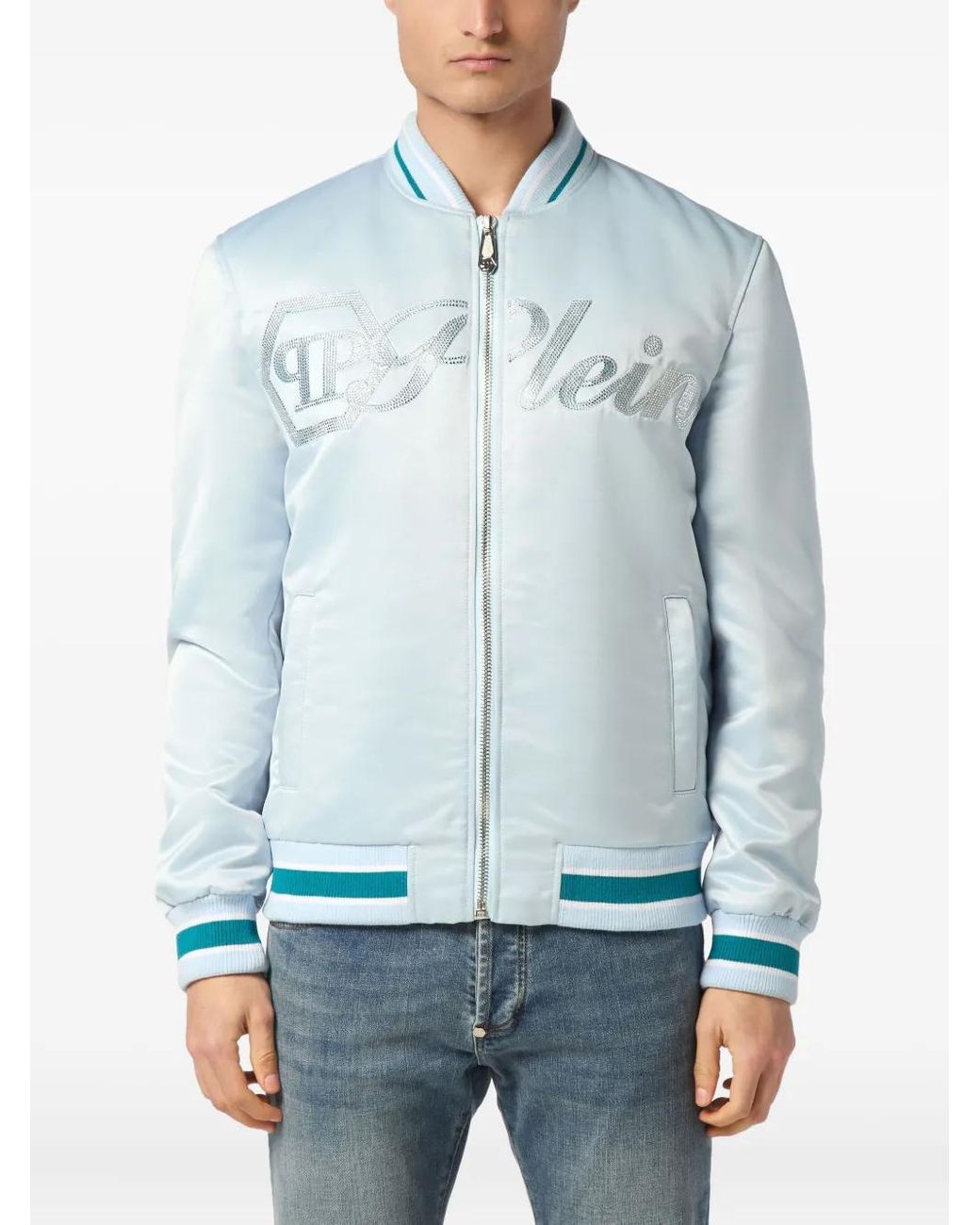 Philipp Plein Blue Satin Bomber Jacket for men
