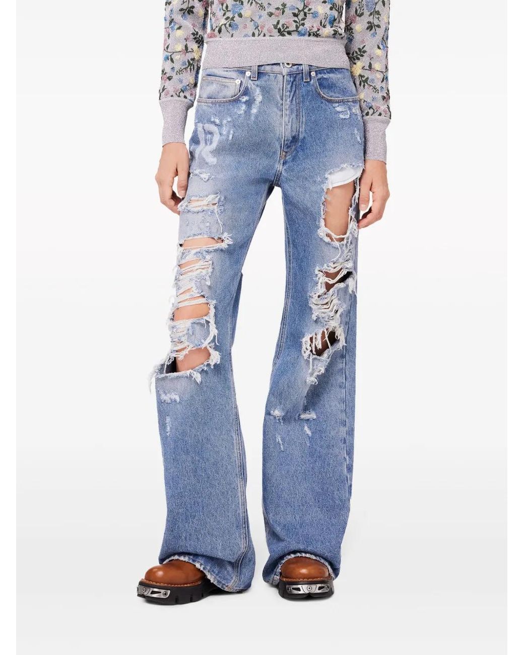 Rabanne Blue Distressed Wide Leg Jeans - Women's - Cotton