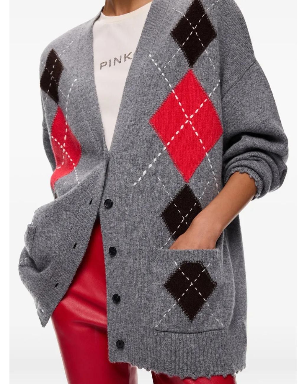 Pinko Gray Wool And Cashmere Cardigan With Diamond Motif
