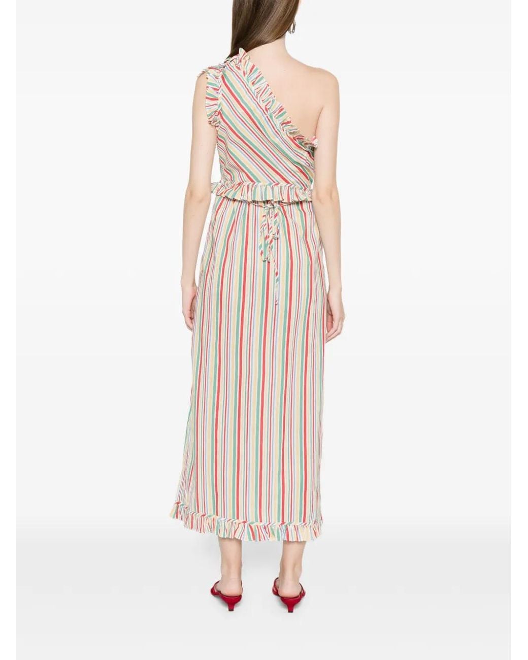 Rixo Pink Ruffled Striped One-Shoulder Dress