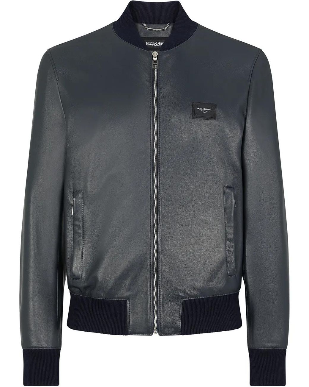 Dolce & Gabbana Blue Logo-Plaque Leather Bomber Jacket for men
