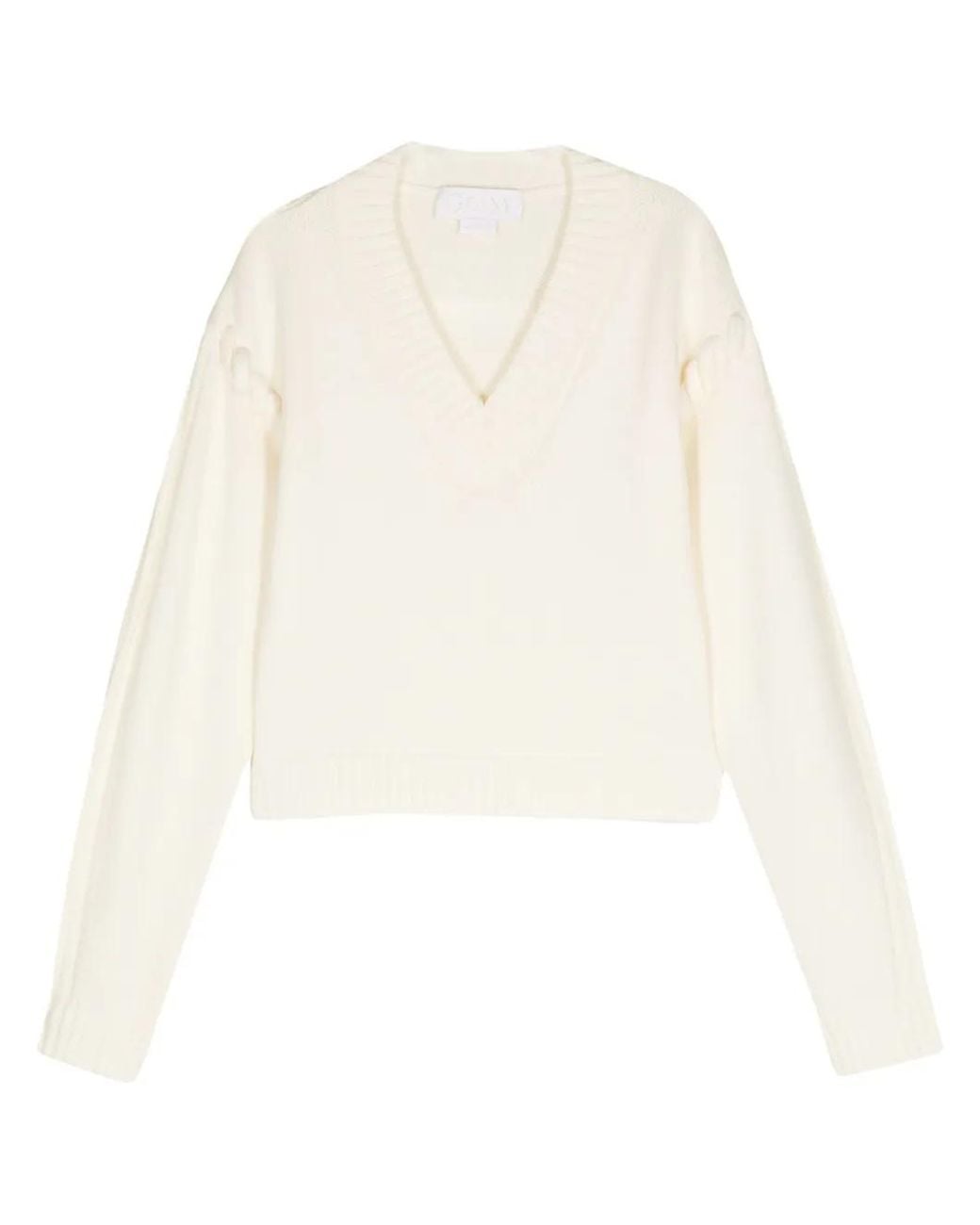 Genny White Tubular-Stitching Wool Sweater