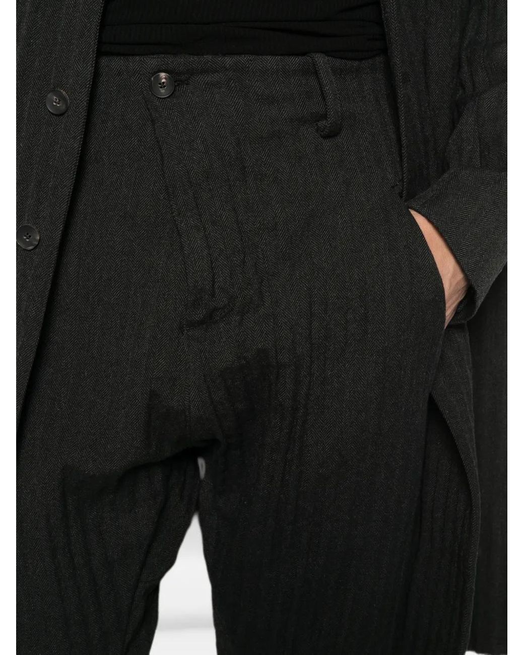 Masnada Black Herringbone-Pattern Belt-Loop Trousers for men