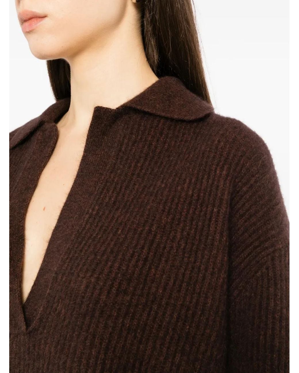 Uma Wang Brown Ribbed-Knit Polo-Collar Sweater