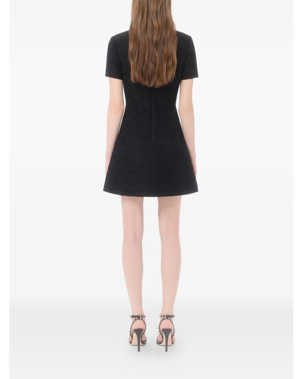 Valentino Garavani Black Embroidered Crinkle Cotton Tweed Short Dress