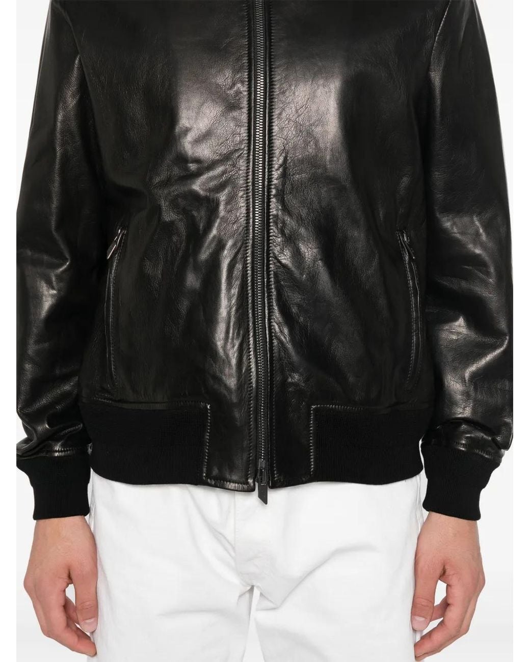 Salvatore Santoro Black Leather Bomber Jacket for men