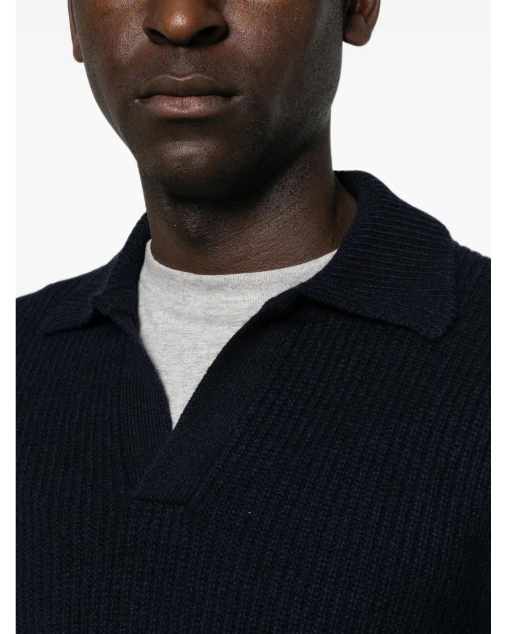 Gran Sasso Blue Ribbed-Knit Polo-Collar Sweater for men