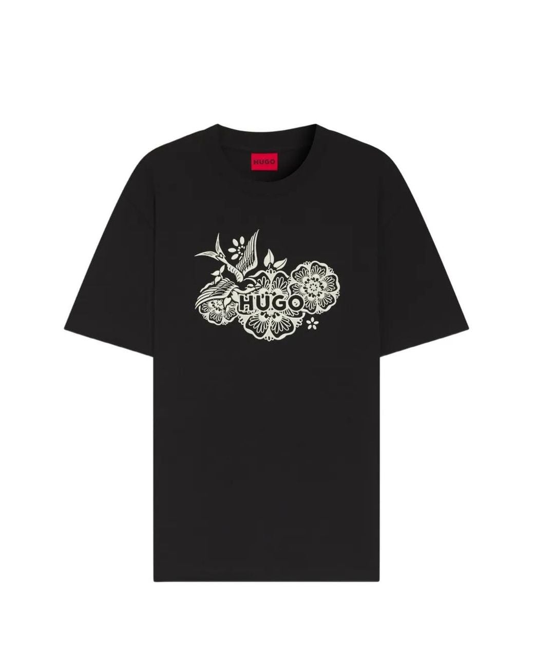 HUGO Black Cotton-Jersey T-Shirt With Embroidered Artwork for men
