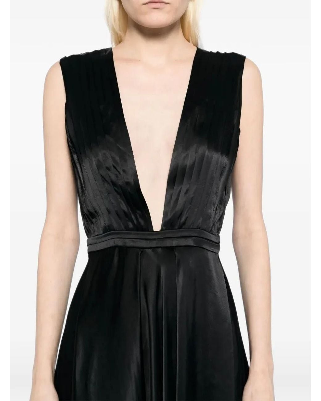 Tessitura Body Couture Black Pleated Silk Midi Dress