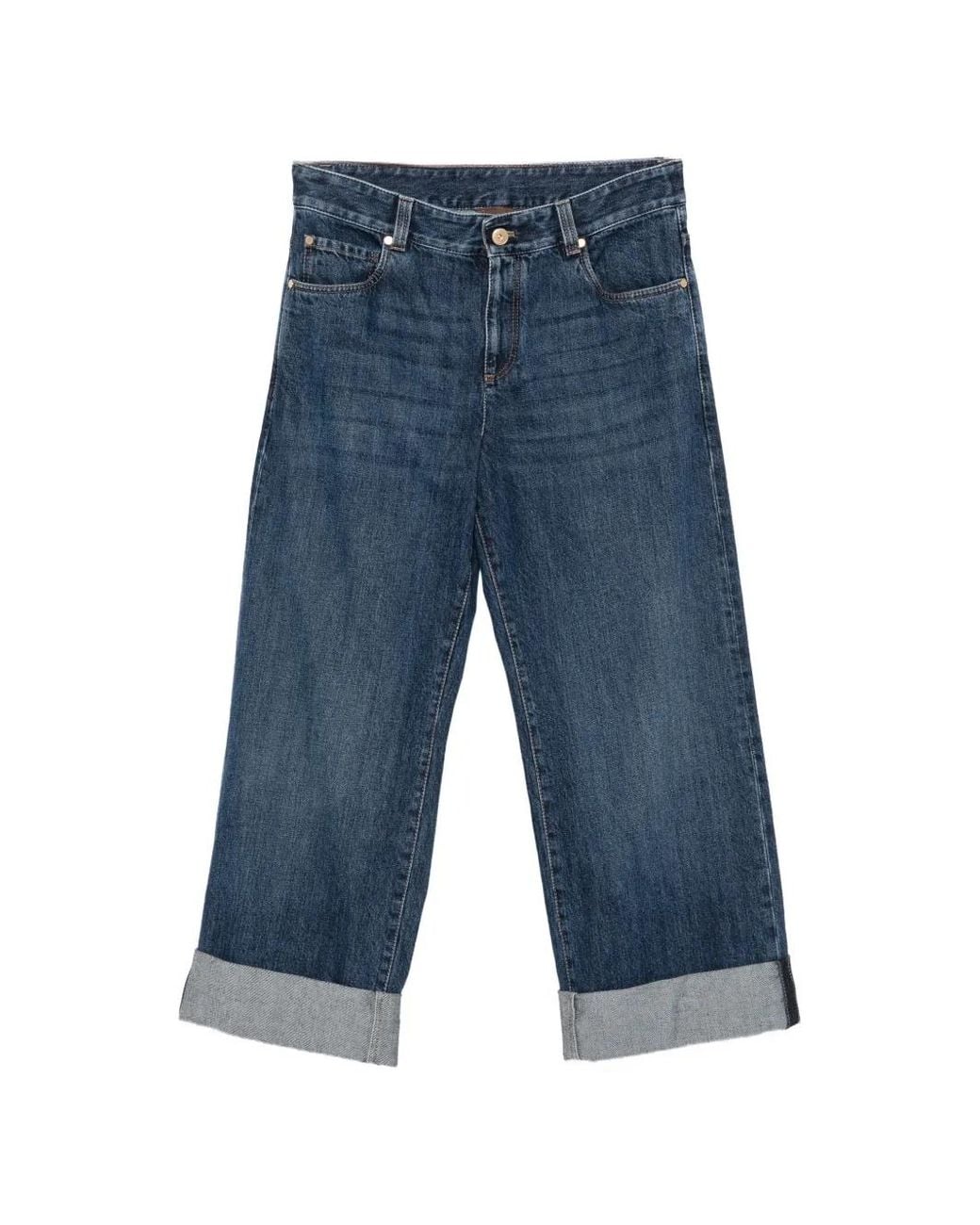 Brunello Cucinelli Blue Turn-Up Wide-Leg Jeans