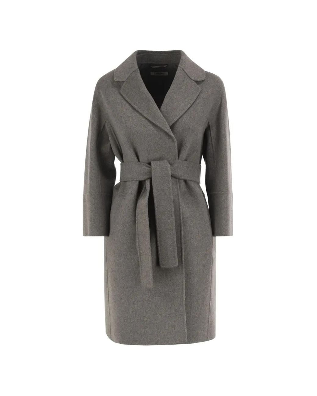 Max Mara Gray Belted Notched-Lapels Coat