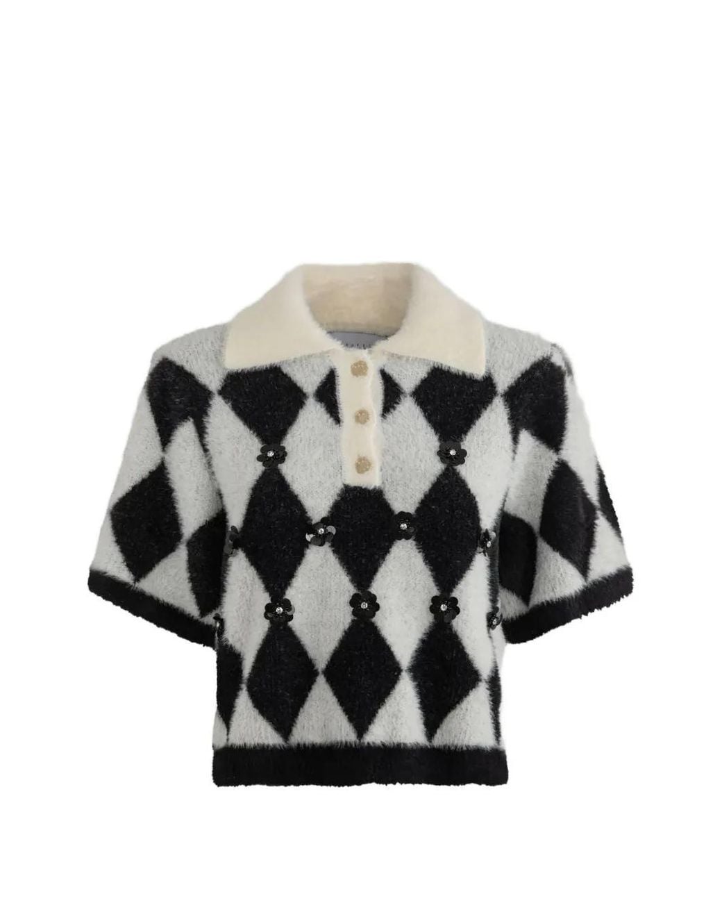 Gaelle Paris Black Argyle Flower-Embellished Sweater