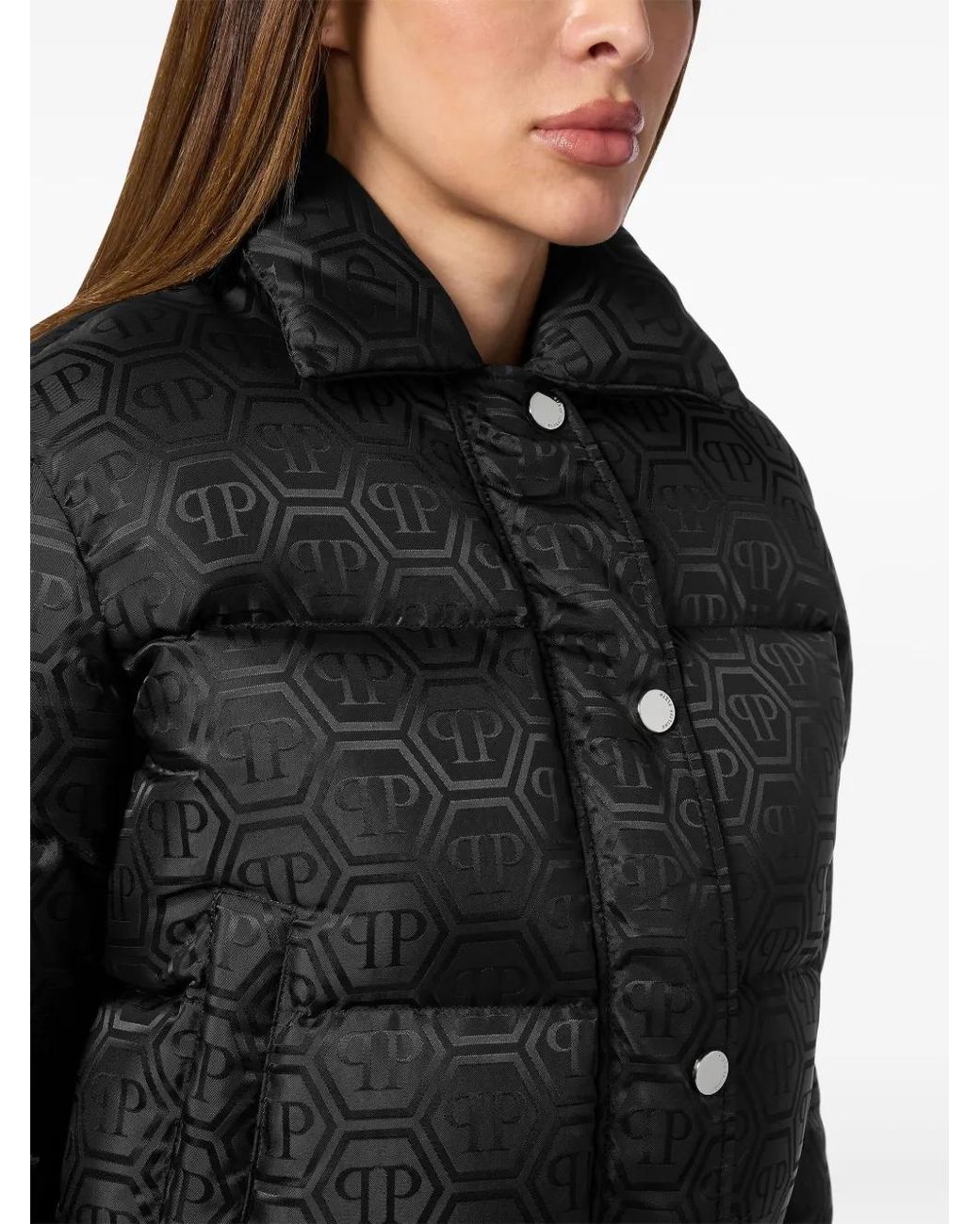 Philipp Plein Black Monogram Cropped Puffer Jacket