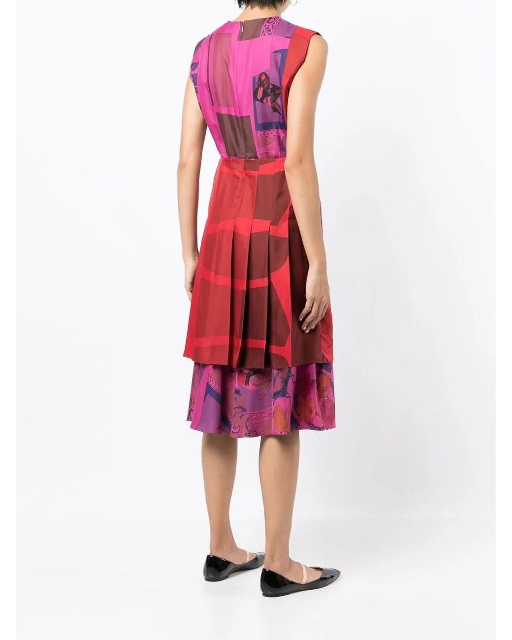 Ferragamo Red Patterned Silk Midi Dress