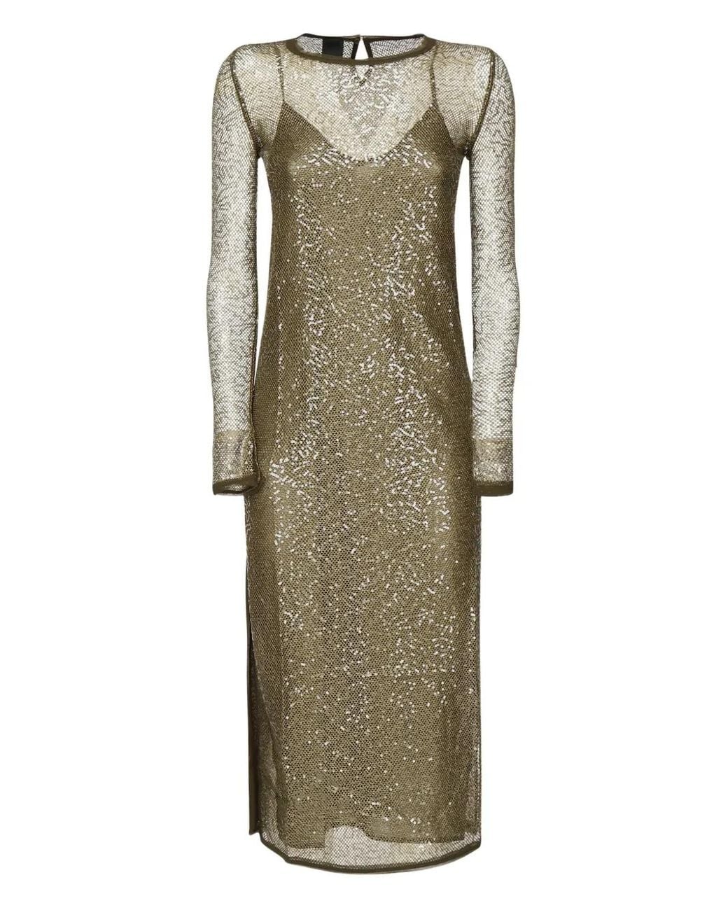 Pinko Natural Sequin-Embellished Mesh Midi Dress